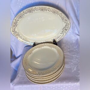 Vintage Taylor Smith Taylor 9 Salad Plates & Platter Crean w/Gold Floral Trim